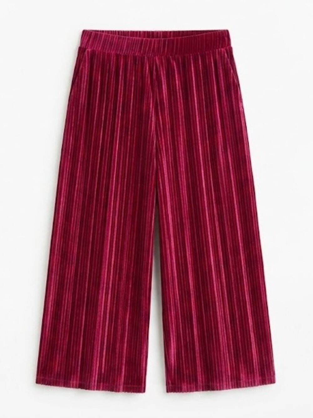 Red Pleated Velvet Cropped Wide-Leg Pants